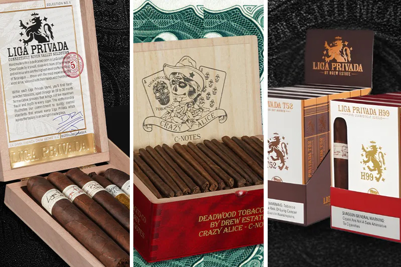 Drew Estate | PCA26 Liga Privada 4-Count Grab-N-Go, Deadwood Tobacco Co. Crazy Alice C-Notes, Liga Privada 5-Cigar Sampler