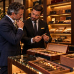 AI-generated illustration of a premium cigar retailer helping a customer select a cigar inside a luxury tobacco shop.
