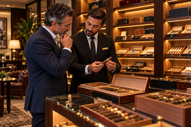 AI-generated illustration of a premium cigar retailer helping a customer select a cigar inside a luxury tobacco shop.